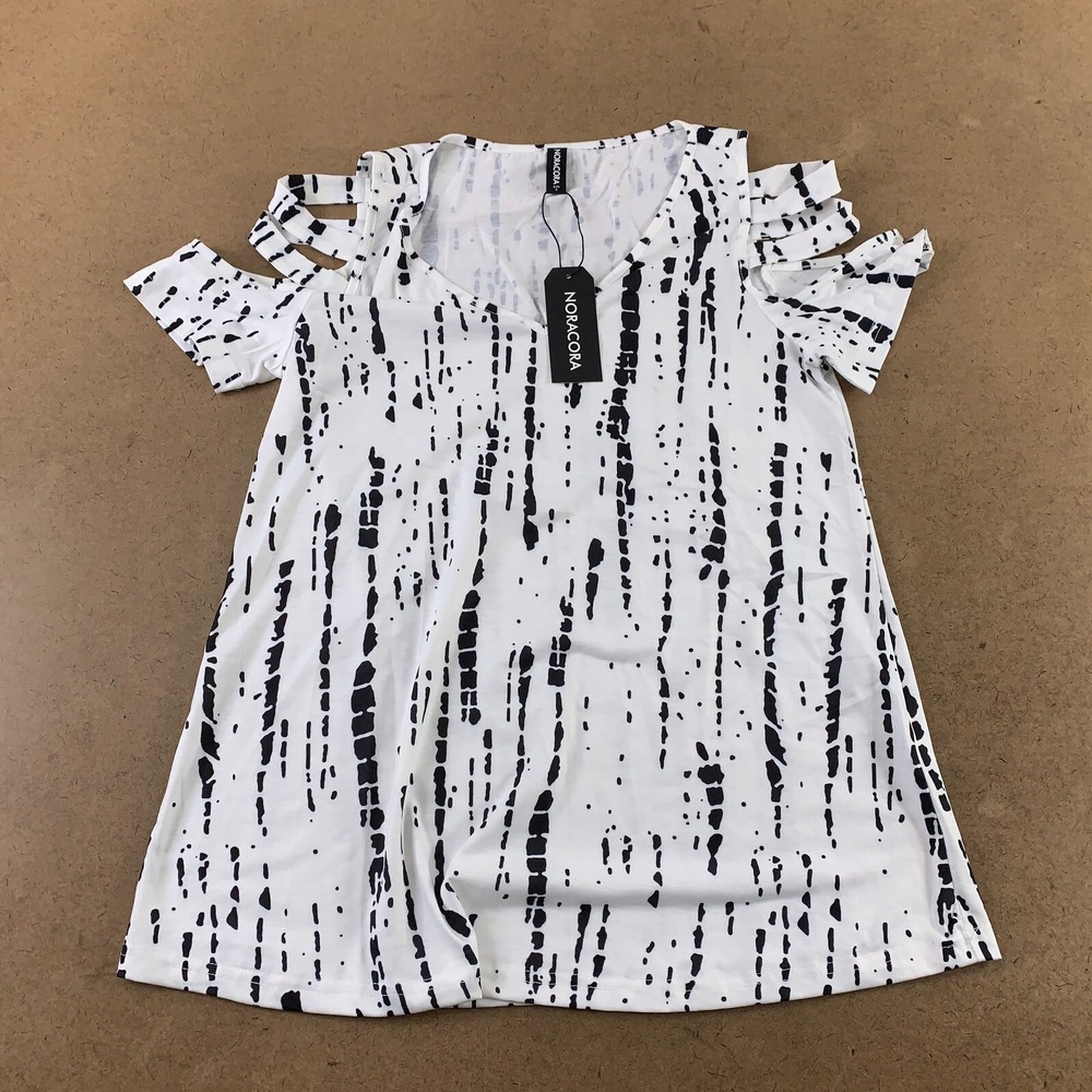Noracora Women's Small Black & White Short Cut Out Sleeve V Neck Tunic Top NWT